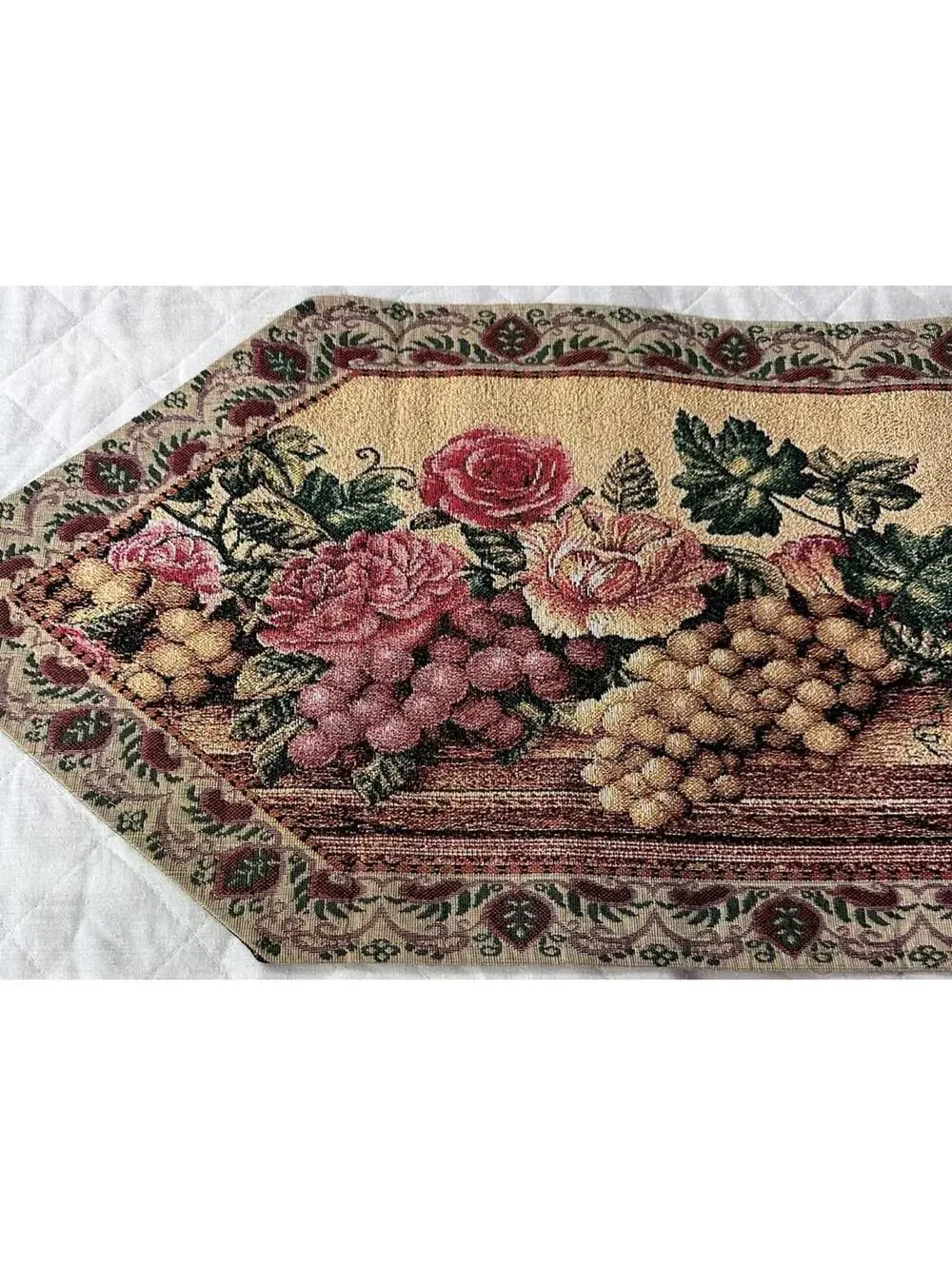 Dada Runner Of Roses & Fruit embroidery cross stitch tapestry table décor 4 ft.